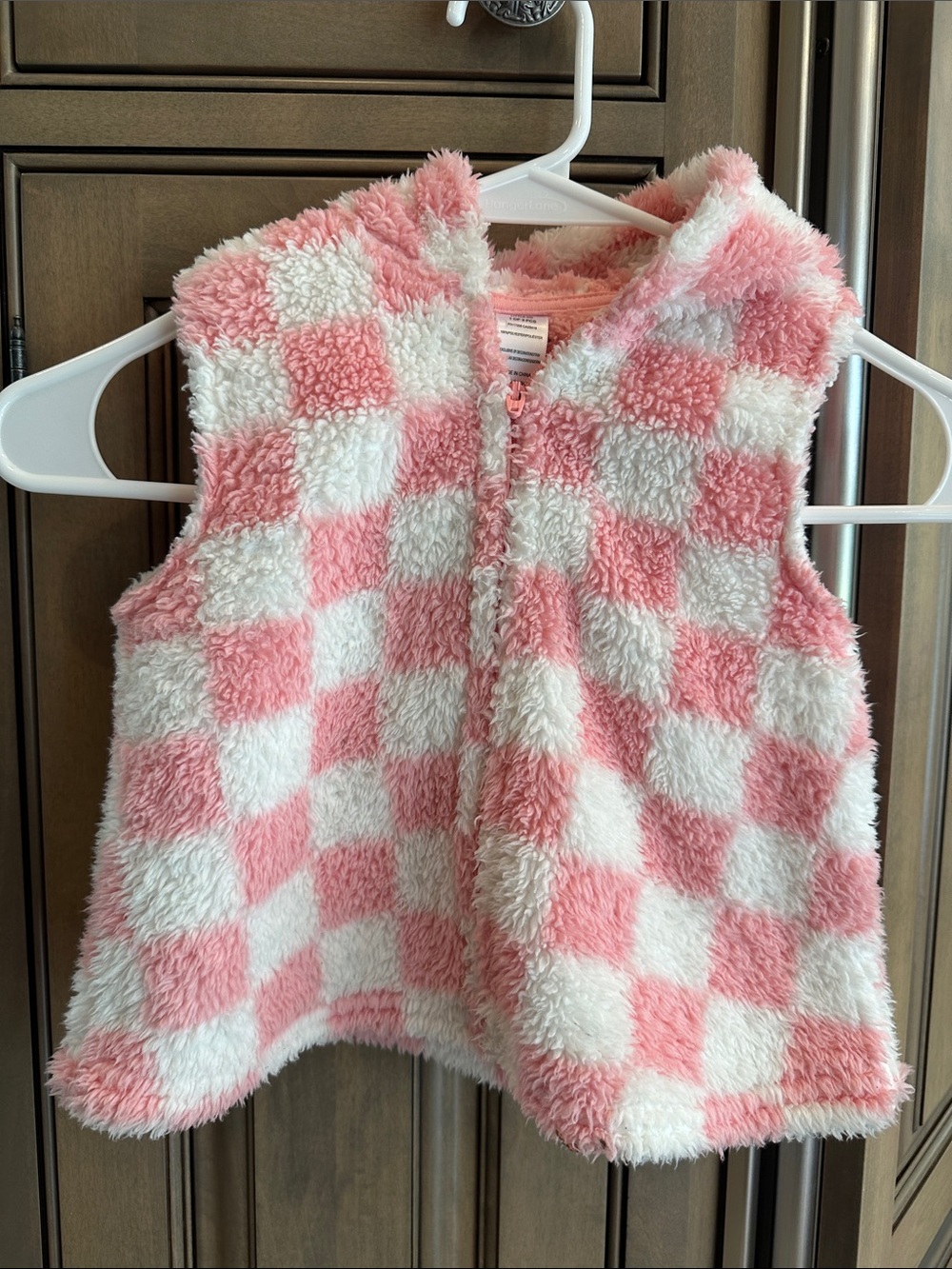 Little Me Pink & White Checkered Fuzzy Vest - Hooded